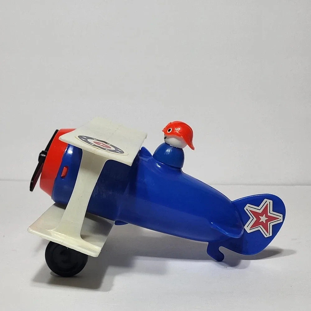 Vintage Fisher Price Little People Blue Biplane Airplane Toy with Pilot Figure